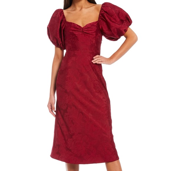 Revolve Burgundy Red Maroon Puff Sleeve Jacquard MIDI Dress - Picture 1 of 5